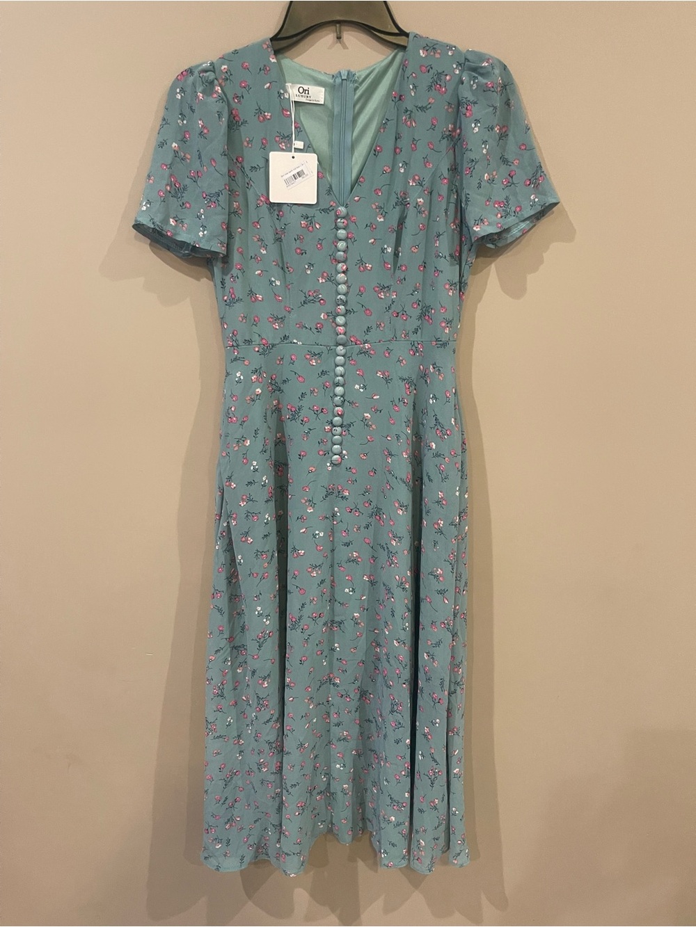 Ori Luxury Floral Button-Front Midi Dress with Pockets in Dusty Blue